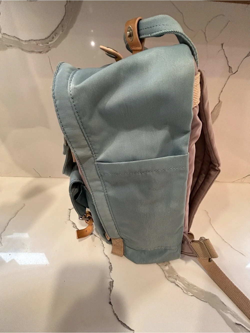 Doughnut Macaroon Blue & Lavender Canvas Backpack with Tan Accents - Women